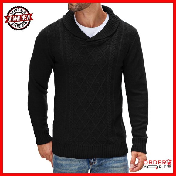 Other - Men's V-Neck Shawl Collar Cable Pullover Sweater Relaxed Fit